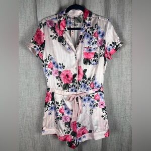 Victoria’s Secret Pajamas Satin Shorts Romper Sz Medium Pink Floral Striped NWT